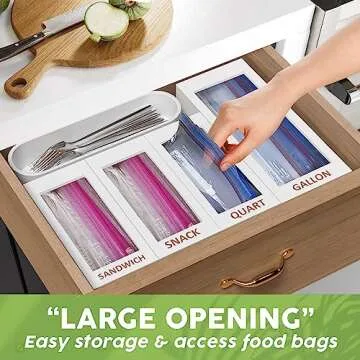 DALSHABET Bamboo Storage Bag Organizer for Kitchen Drawer, 4 Separate Food Storage Bag Organizer, 12x14 Baggie Organizer Dispenser for All Brands Gallon, Snack, Sandwich & Quart Slider Bags White
