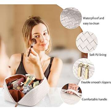 ALEXTINA Large Capacity Travel Cosmetic Bag - PU Leather Makeup Organizer Bag Portable Woven Makeup Bags for Women Waterproof Travel Toiletry Bag with Divider Pouch, White