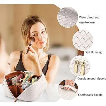 ALEXTINA Large Capacity Travel Cosmetic Bag - PU Leather Makeup Organizer Bag Portable Woven Makeup Bags for Women Waterproof Travel Toiletry Bag with Divider Pouch, White