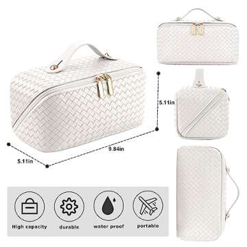 ALEXTINA Large Capacity Travel Cosmetic Bag - PU Leather Makeup Organizer Bag Portable Woven Makeup Bags for Women Waterproof Travel Toiletry Bag with Divider Pouch, White