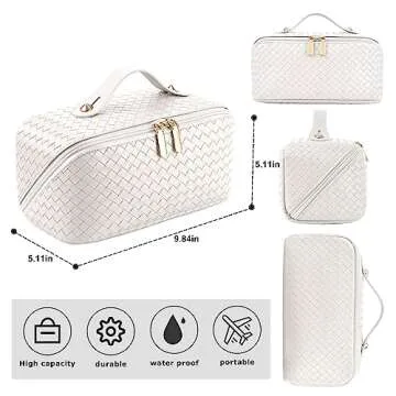 ALEXTINA Large Capacity Travel Cosmetic Bag - PU Leather Makeup Organizer Bag Portable Woven Makeup Bags for Women Waterproof Travel Toiletry Bag with Divider Pouch, White