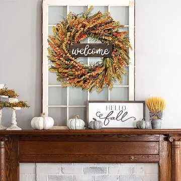 Sggvecsy Artificial Fall Wreath 22’’ Autumn Front Door Wreath Harvest Wreath with Fall Flowers Foam Leaves Small Pumpkins for Outside Indoor Wall Window Festival Thanksgiving Fall Autumn Decor