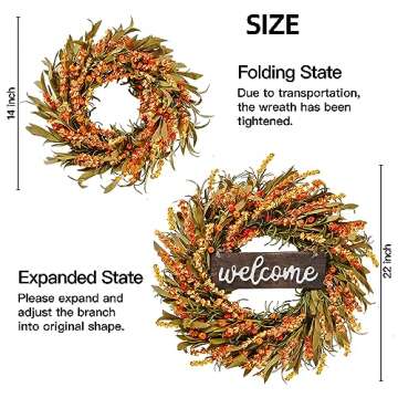 Sggvecsy Artificial Fall Wreath 22’’ Autumn Front Door Wreath Harvest Wreath with Fall Flowers Foam Leaves Small Pumpkins for Outside Indoor Wall Window Festival Thanksgiving Fall Autumn Decor