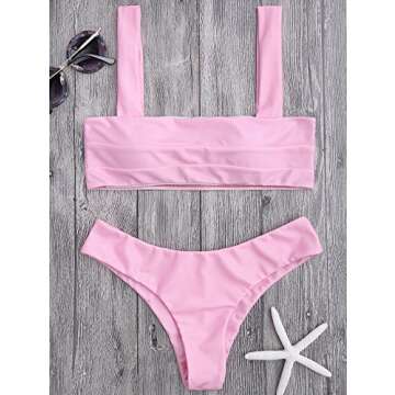 ZAFUL Women's Wide Straps Padded Bandeau Bikini Set 2 Piece Cheeky Swimsuit (M, Pink)