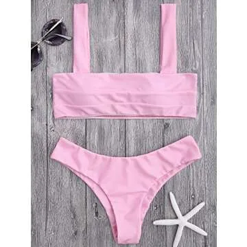 ZAFUL Women's Wide Straps Padded Bandeau Bikini Set 2 Piece Cheeky Swimsuit (M, Pink)