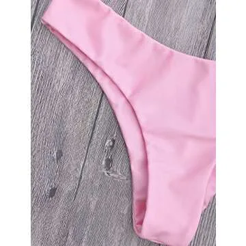 ZAFUL Women's Wide Straps Padded Bandeau Bikini Set 2 Piece Cheeky Swimsuit (M, Pink)