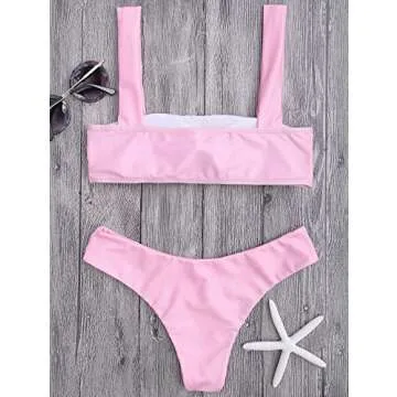 ZAFUL Women's Wide Straps Padded Bandeau Bikini Set 2 Piece Cheeky Swimsuit (M, Pink)
