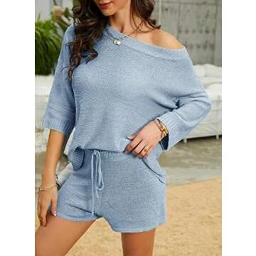 Mafulus Women's 2 Piece Outfits Sweater Sets Off Shoulder Knit Top Shorts Matching Suits Cute Pajama Lounge Set