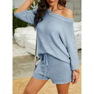 Mafulus Women's 2 Piece Outfits Sweater Sets Off Shoulder Knit Top Shorts Matching Suits Cute Pajama Lounge Set