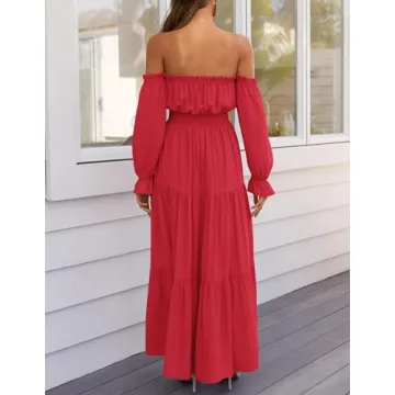 ZESICA Women's Boho Off Shoulder Maxi Dress in Cherry