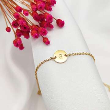 Ovian Initial Charm Bracelet for Women 18K Gold Plated stainless steel Coin Disc Engraved Letter S Bracelet Personalized Monogram Name Bracelet