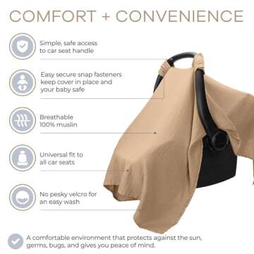 Comfy Cubs Baby Car Seat Cover - Soft, Breathable and Lightweight, 70% Rayon & 30% Muslin Cotton - Infant Car Seat Cover for Sun, Bug & Comfort Protection with Large Size Car Seat Canopy, Cedar