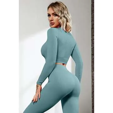 QINSEN Women's Winter Yoga Leggings 2 Piece Outfit Ribbed Seamless Long Sleeve Crop Top Sport Shirt Sets Tracksuit Blue M