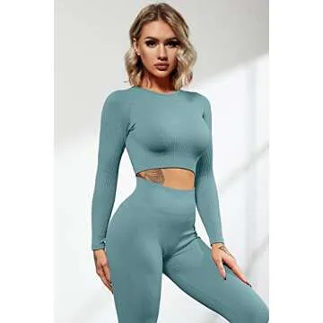 QINSEN Women's Winter Yoga Leggings 2 Piece Outfit Ribbed Seamless Long Sleeve Crop Top Sport Shirt Sets Tracksuit Blue M