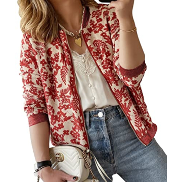 ECOWISH Women's Casual Floral Zip Up Bomber Jacket Coat Stand Collar Lightweight Short Outwear Tops ...