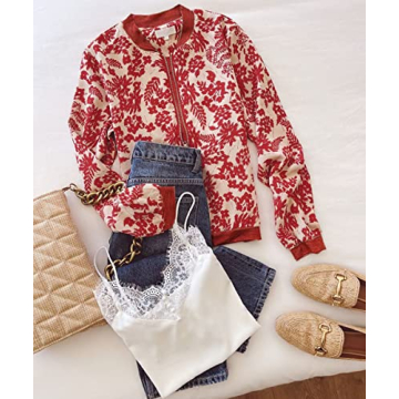 Stylish ECOWISH Women's Floral Zip Up Bomber Jacket