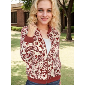 Stylish ECOWISH Women's Floral Zip Up Bomber Jacket