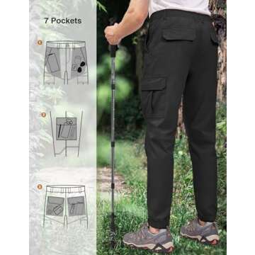 PULI Men's Waterproof Hiking Pants, Slim Fit Cargo Joggers, Stretch Quick Dry Outdoor Pants with Pockets Black 34