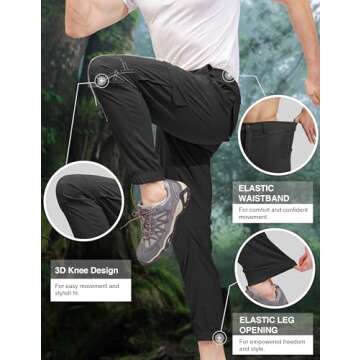 PULI Men's Waterproof Hiking Pants, Slim Fit Cargo Joggers, Stretch Quick Dry Outdoor Pants with Pockets Black 34