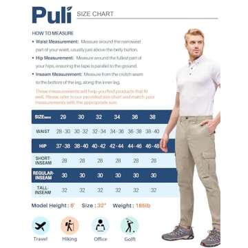 PULI Men's Waterproof Hiking Pants, Slim Fit Cargo Joggers, Stretch Quick Dry Outdoor Pants with Pockets Black 34