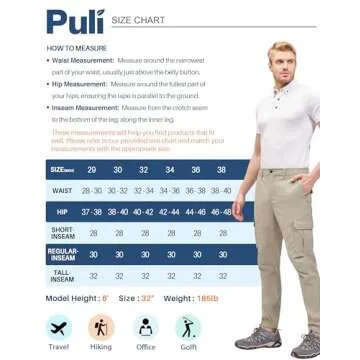 PULI Men's Waterproof Hiking Pants, Slim Fit Cargo Joggers, Stretch Quick Dry Outdoor Pants with Pockets Black 34
