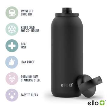 Ello Cooper Twist 40oz Stainless Steel Water Bottle with Chug Lid | Leak Proof | Double Walled and Vacuum Insulated | Built in Carry Loop | Dishwasher Safe | Bubblegum Pink