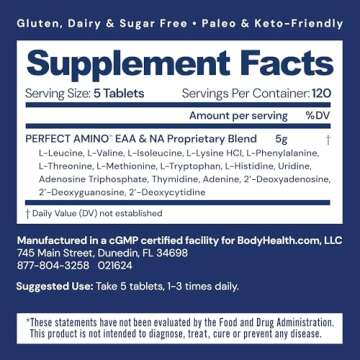 BodyHealth PerfectAmino, Essential Amino Acid with BCAAs + Lysine, Phenylalanine, Threonine, Methionine, Tryptophan, Supplement for Muscle Mass Production, Recovery & Strength (600 ct)