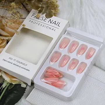 Valentines Press on Nails Medium Length with Pink Heart Design White French Tip Fake Nails Almond Acrylic Press on Nails Full Cover False Nails Stick on Nails for Women 24Pcs