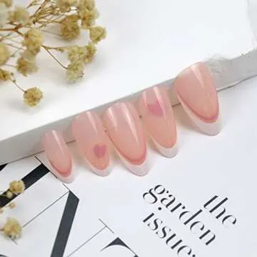 Valentines Press on Nails Medium Length with Pink Heart Design White French Tip Fake Nails Almond Acrylic Press on Nails Full Cover False Nails Stick on Nails for Women 24Pcs