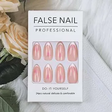 Valentines Press on Nails Medium Length with Pink Heart Design White French Tip Fake Nails Almond Acrylic Press on Nails Full Cover False Nails Stick on Nails for Women 24Pcs