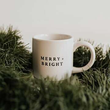 Sweet Water Decor Merry & Bright Stoneware Coffee Mug | Novelty Coffee Mugs | Microwave & Dishwasher Safe | 14oz Christmas Coffee Mug | Holiday Gifts for Coffee Lovers