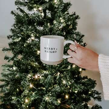Sweet Water Decor Merry & Bright Stoneware Coffee Mug | Novelty Coffee Mugs | Microwave & Dishwasher Safe | 14oz Christmas Coffee Mug | Holiday Gifts for Coffee Lovers