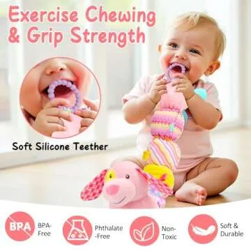 Baby Sensory Toys 0-6 Months Music Stuffed Animal Plush Dog Toy for Infant 0-3-6 Month Tummy Time Texture Soft Toys with Crinkle Rattle for 6-12 Month Newborn Birthday Gift for 2 3 4 5 Month Old Girls