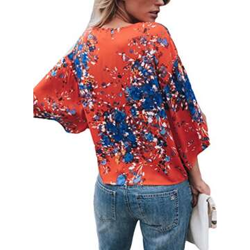 Dokotoo Womens Tops Blouses V Neck Short Sleeve Loose Boho Floral Print Tie Front Flare Tops Short Blouses T Shirts Under 20 Large