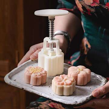 Ylskmu Moon Cake Mold Set 4pcs 50g Cookie Stamps, Cherry Blossom Floral Mid Autumn Festival DIY Hand...