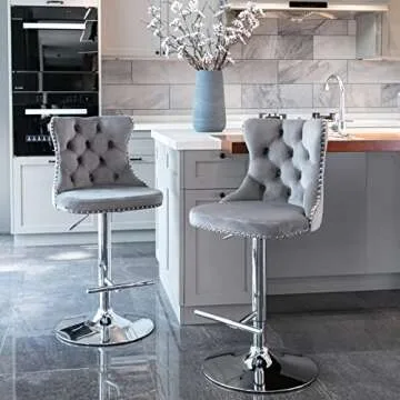 Himusi Swivel Bar Stools Set of 2, Adjustable Velvet Counter Height Barstools with High Back & Nailheads Trim, Modern Upholstered Bar Chairs for Dining Room Home Bar Kitchen Island, Grey