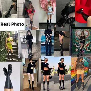 Goiphrri Womens Platform Knee High Boots Triangle Chunky Heel Side Zip Square Toe Punk Motorcycle Long Boots Combat Boots For Women