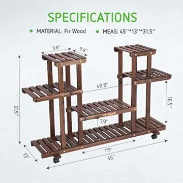 VIVOSUN Plant Stand Indoor Plant Shelf, 6 Tiers 12 Potted Wooden Flower Holder, Tiered Plant Rack with Detachable Wheels for Garden, Balcony, Patio, Corner, Window, Living Room