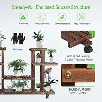VIVOSUN Plant Stand Indoor Plant Shelf, 6 Tiers 12 Potted Wooden Flower Holder, Tiered Plant Rack with Detachable Wheels for Garden, Balcony, Patio, Corner, Window, Living Room