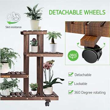 VIVOSUN Plant Stand Indoor Plant Shelf, 6 Tiers 12 Potted Wooden Flower Holder, Tiered Plant Rack with Detachable Wheels for Garden, Balcony, Patio, Corner, Window, Living Room