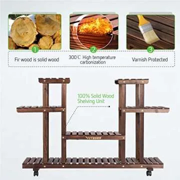 VIVOSUN Plant Stand Indoor Plant Shelf, 6 Tiers 12 Potted Wooden Flower Holder, Tiered Plant Rack with Detachable Wheels for Garden, Balcony, Patio, Corner, Window, Living Room