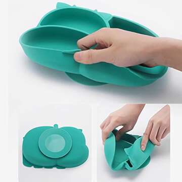 RUNDE Silicone Baby Plates with Suction,Divided Placemat Dish for Toddlers and Kids,Baby First Stage Self Feeding Training Supplies (Hippo-Blue & Green)