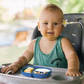 RUNDE Silicone Baby Plates with Suction,Divided Placemat Dish for Toddlers and Kids,Baby First Stage Self Feeding Training Supplies (Hippo-Blue & Green)