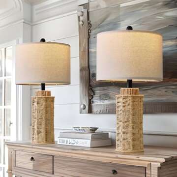 OYEARS 22.5" Boho Table Lamps Set of 2 for Living Room, Bedside Lamp for Nightstands, Rattan Lamp fo...
