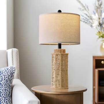 OYEARS 22.5" Boho Table Lamps Set of 2 for Living Room, Bedside Lamp for Nightstands, Rattan Lamp for Bedroom, Farmhouse Table Lamp for Room Decor, End Table, Retro, Brown （Not Include Bulbs）