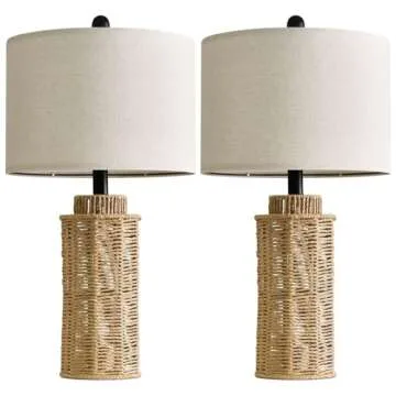 OYEARS 22.5" Boho Table Lamps Set of 2 for Living Room, Bedside Lamp for Nightstands, Rattan Lamp for Bedroom, Farmhouse Table Lamp for Room Decor, End Table, Retro, Brown （Not Include Bulbs）