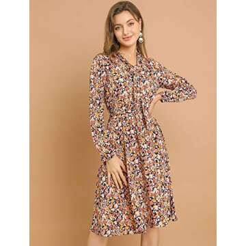 Allegra K Women's Tie Neck Dresses Chiffon Long Sleeve Belted Vintage Floral Dress Medium Yellow