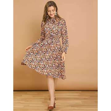 Allegra K Women's Tie Neck Dresses Chiffon Long Sleeve Belted Vintage Floral Dress Medium Yellow