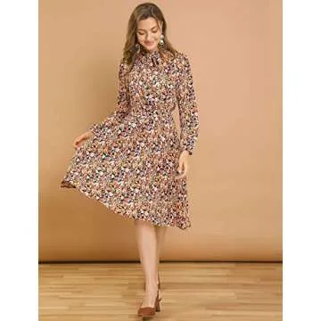 Allegra K Women's Tie Neck Dresses Chiffon Long Sleeve Belted Vintage Floral Dress Medium Yellow