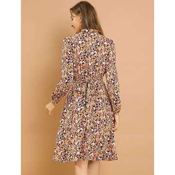 Allegra K Women's Tie Neck Dresses Chiffon Long Sleeve Belted Vintage Floral Dress Medium Yellow